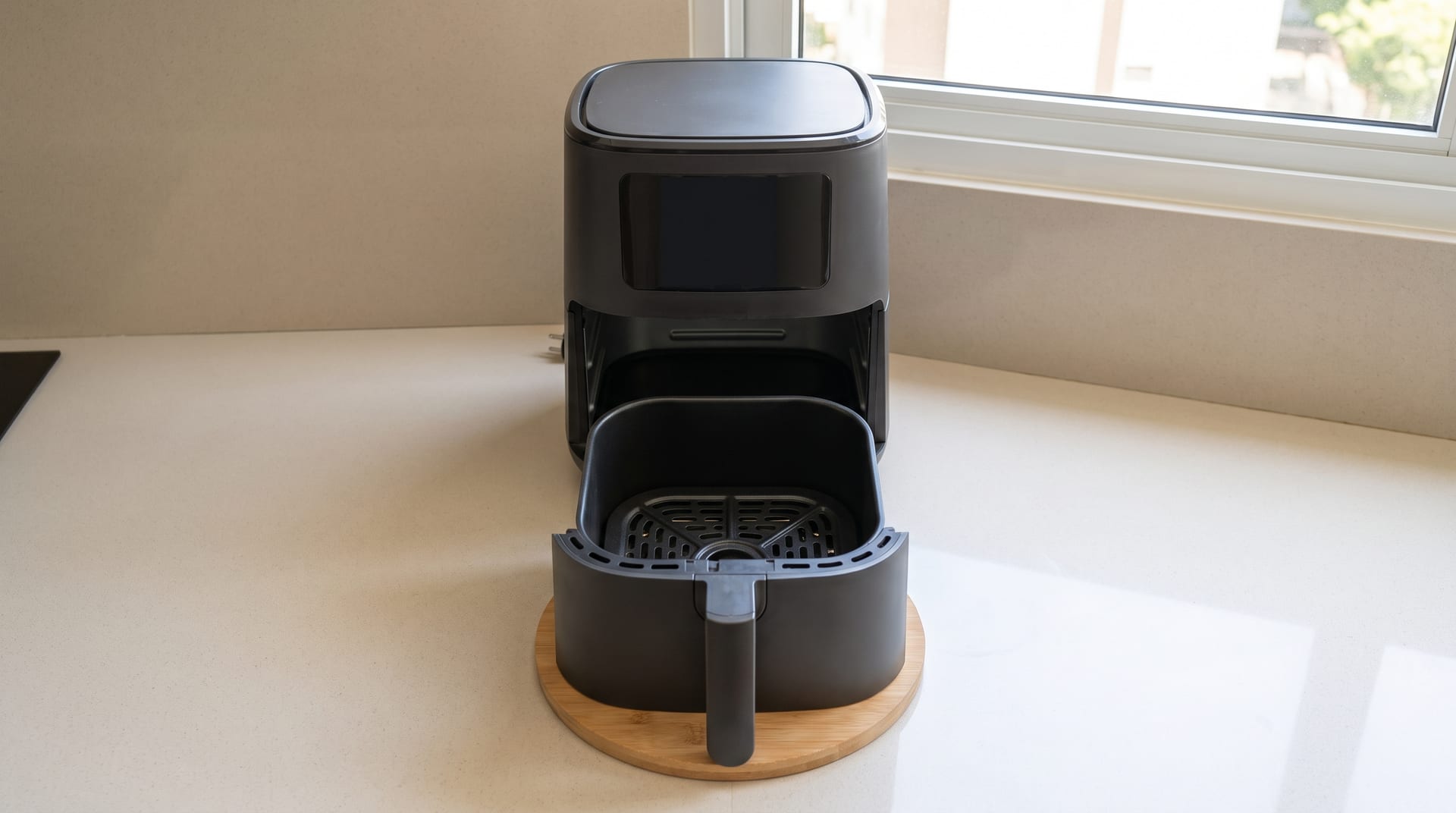Air fryer desligada com o cesto vazio fora do aparelho sobre uma bancada clara.