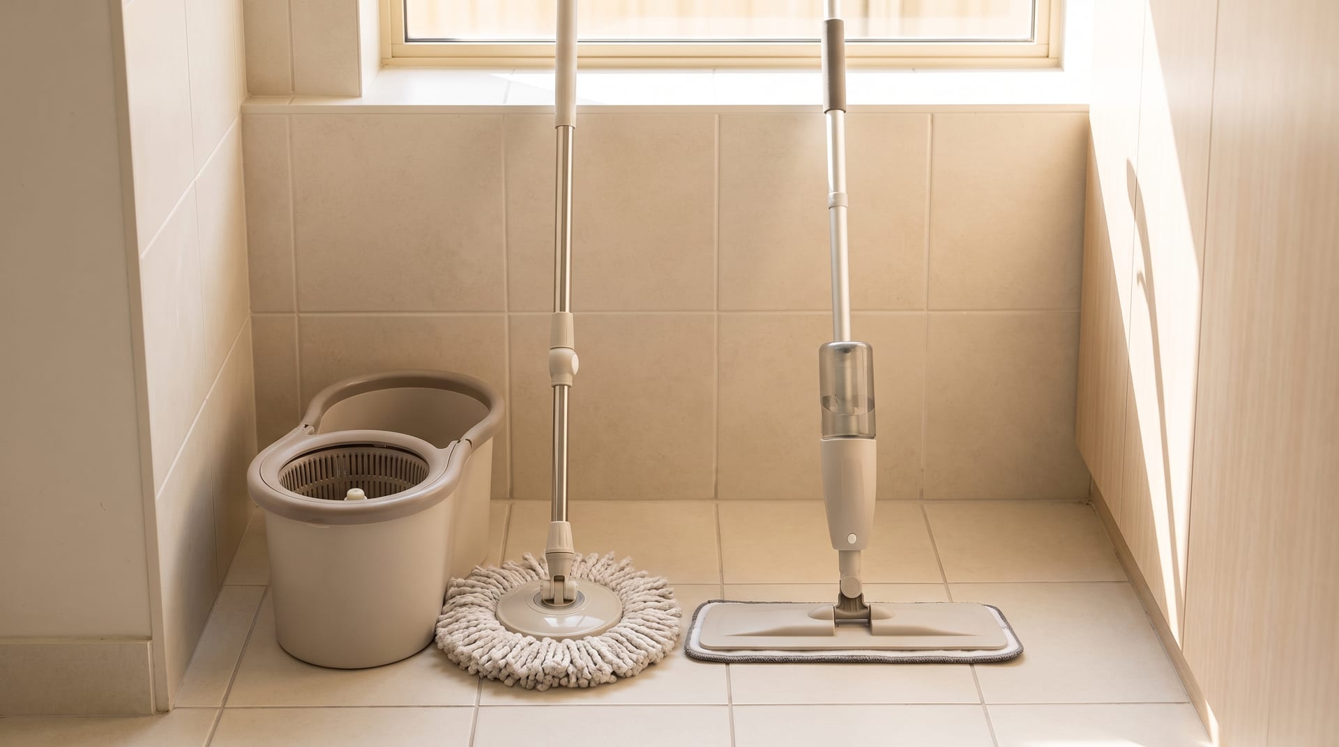 Mop giratório com balde e mop spray lado a lado sobre piso de cerâmica claro.