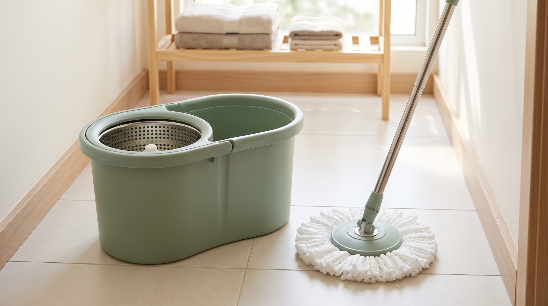 Mop giratório com balde verde e refil redondo sobre piso de cerâmica em uma lavanderia clara.