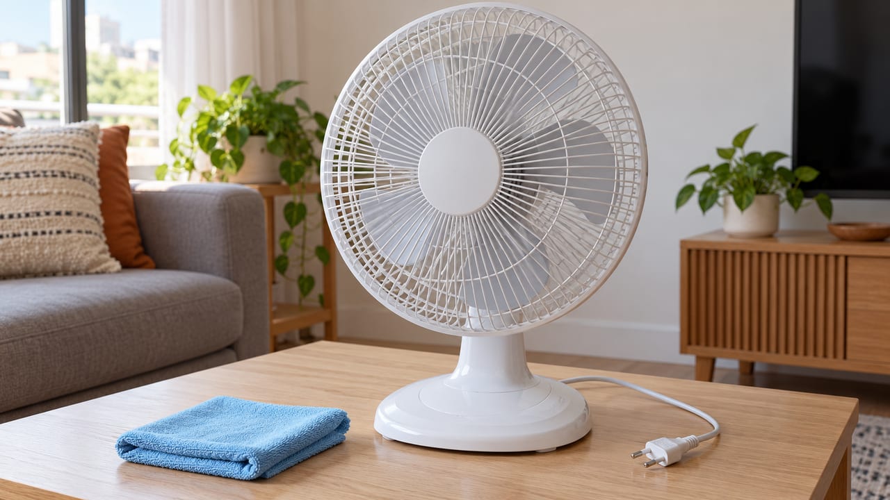 Ventilador de mesa branco com o plugue fora da tomada e pano azul ao lado