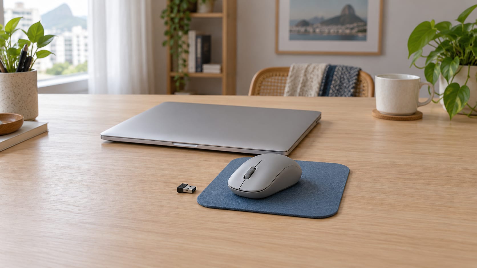 Mouse sem fio cinza ao lado de um pequeno receptor USB e de um notebook fechado sobre uma mesa.