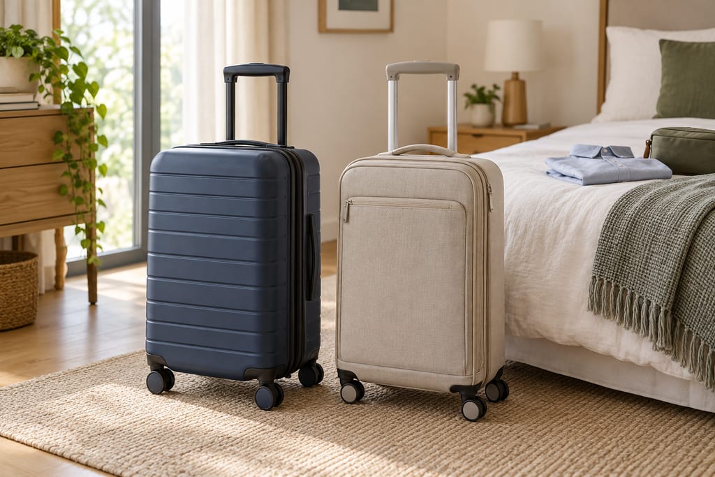 Duas malas de bordo, uma rígida azul e outra de tecido claro, ao lado da cama durante a preparação de uma viagem.