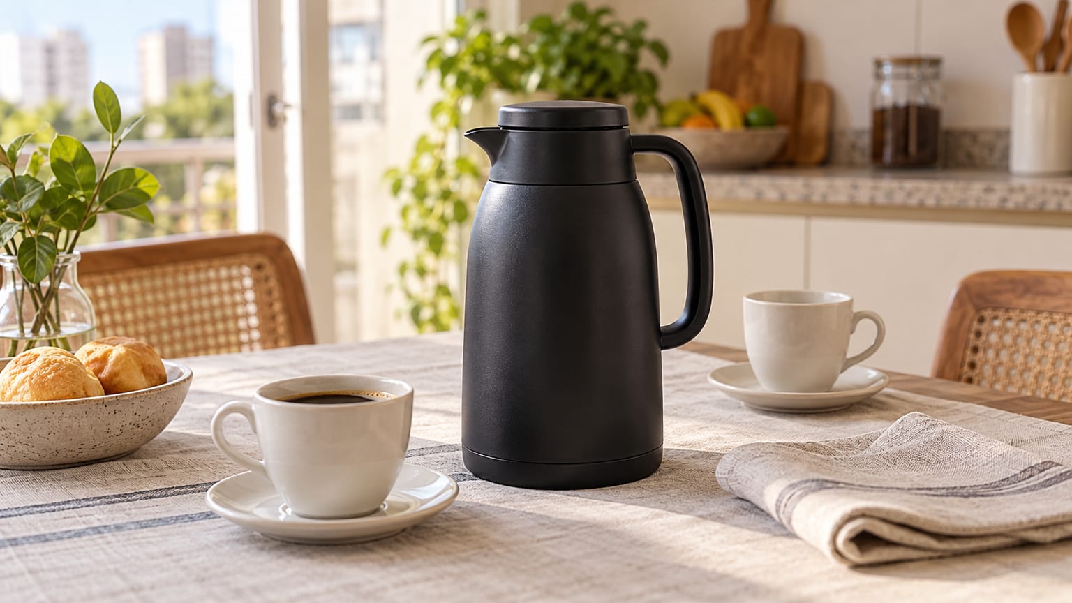 Garrafa térmica preta fechada sobre uma mesa clara, ao lado de duas xícaras de café.