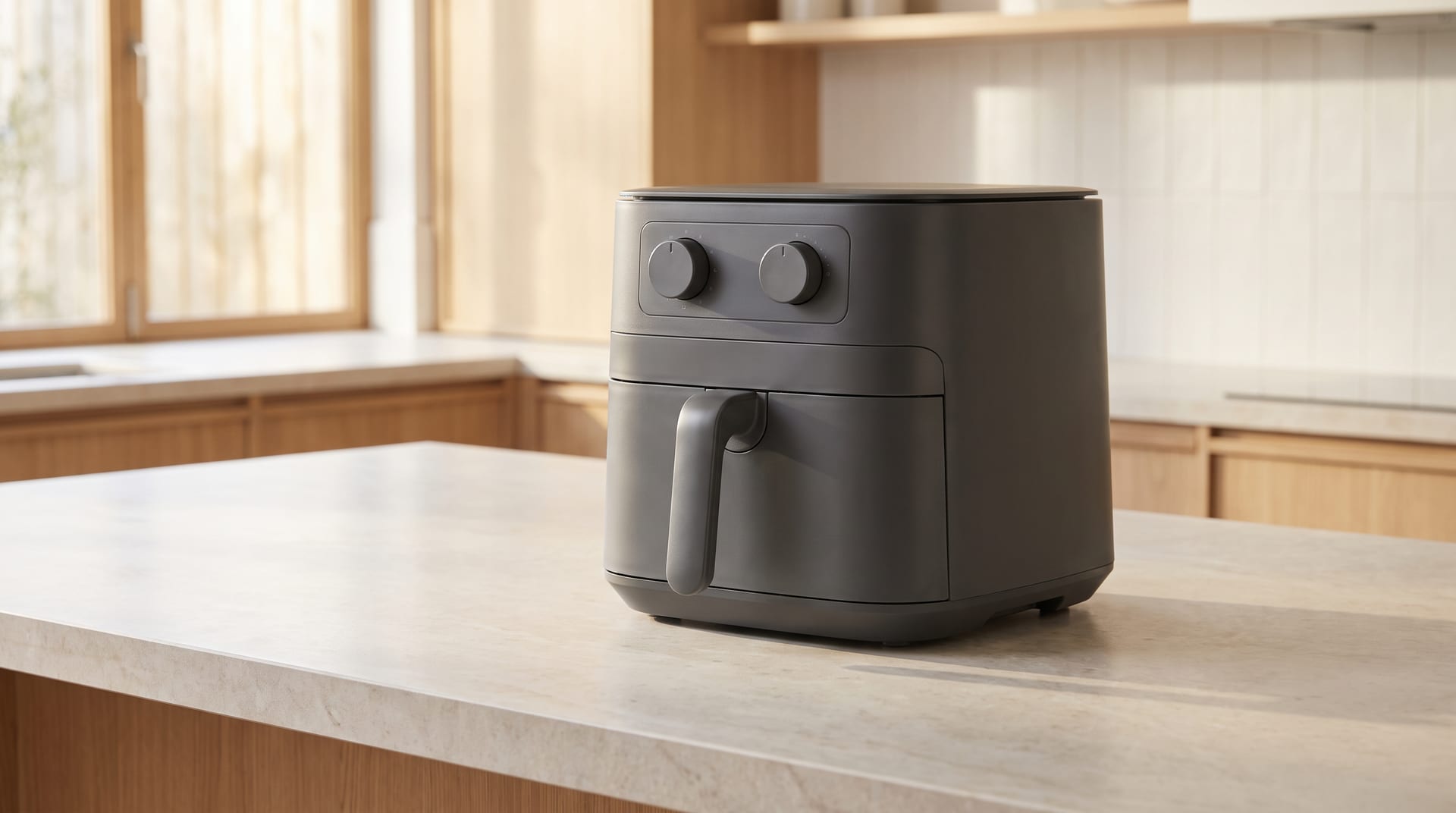 Air fryer preta com a gaveta fechada sobre uma bancada clara de cozinha.