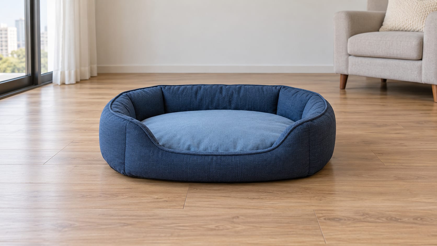 Cama oval azul para cachorro, com almofada central e entrada baixa, sobre o piso de uma sala.