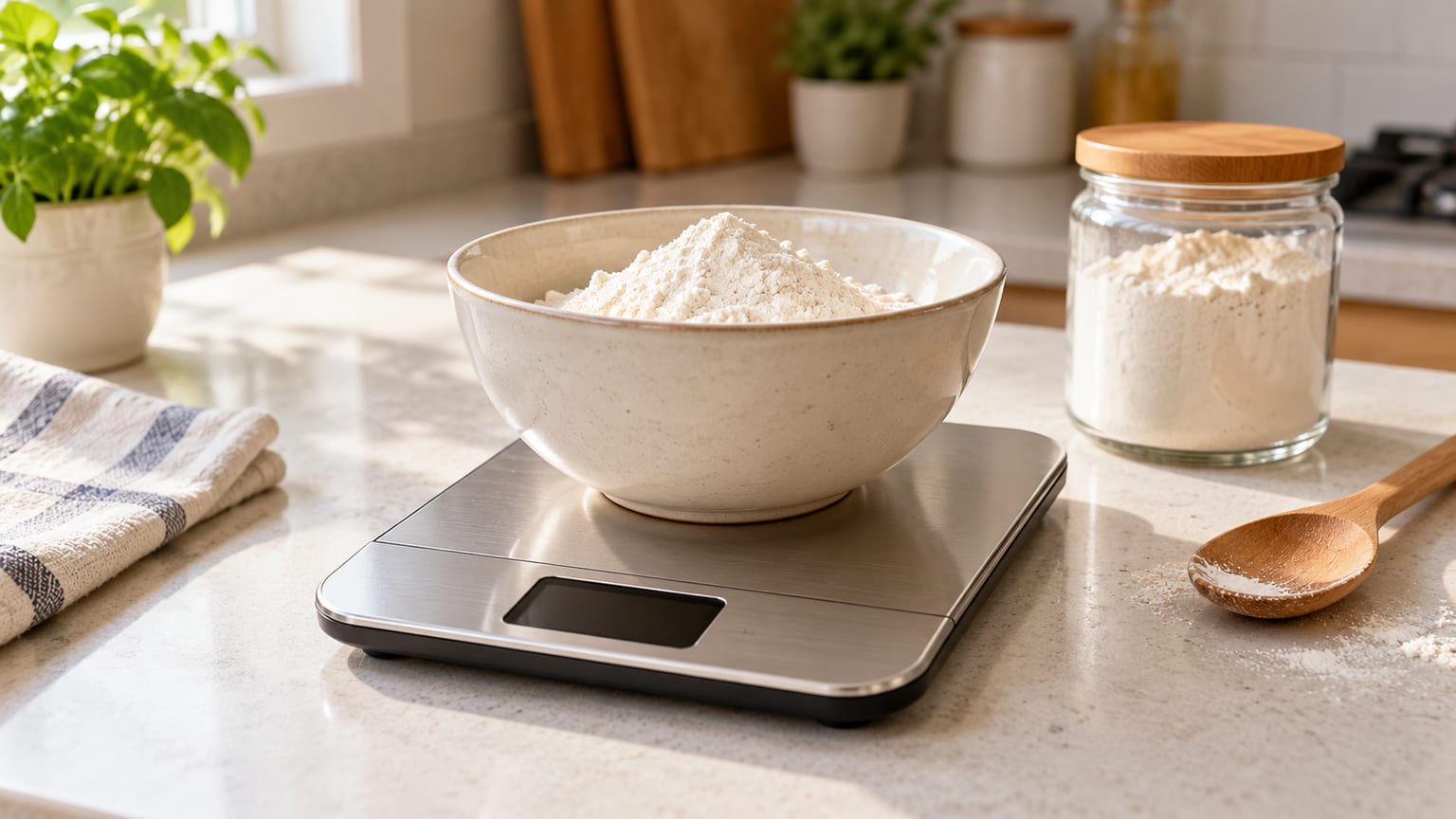 Balança digital de cozinha com uma tigela de farinha sobre a plataforma em uma bancada clara.