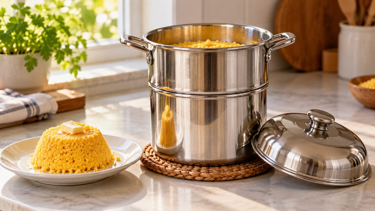 Cuscuzeira de inox e cuscuz de milho servido em um prato, em uma cozinha iluminada