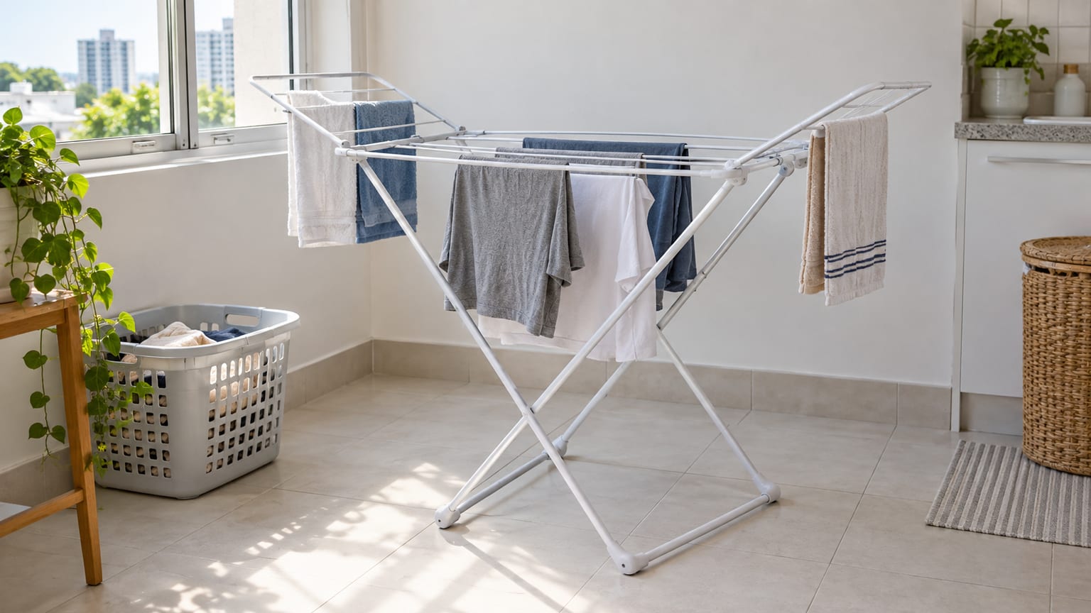 Varal de chão com abas e roupas espaçadas em uma lavanderia clara