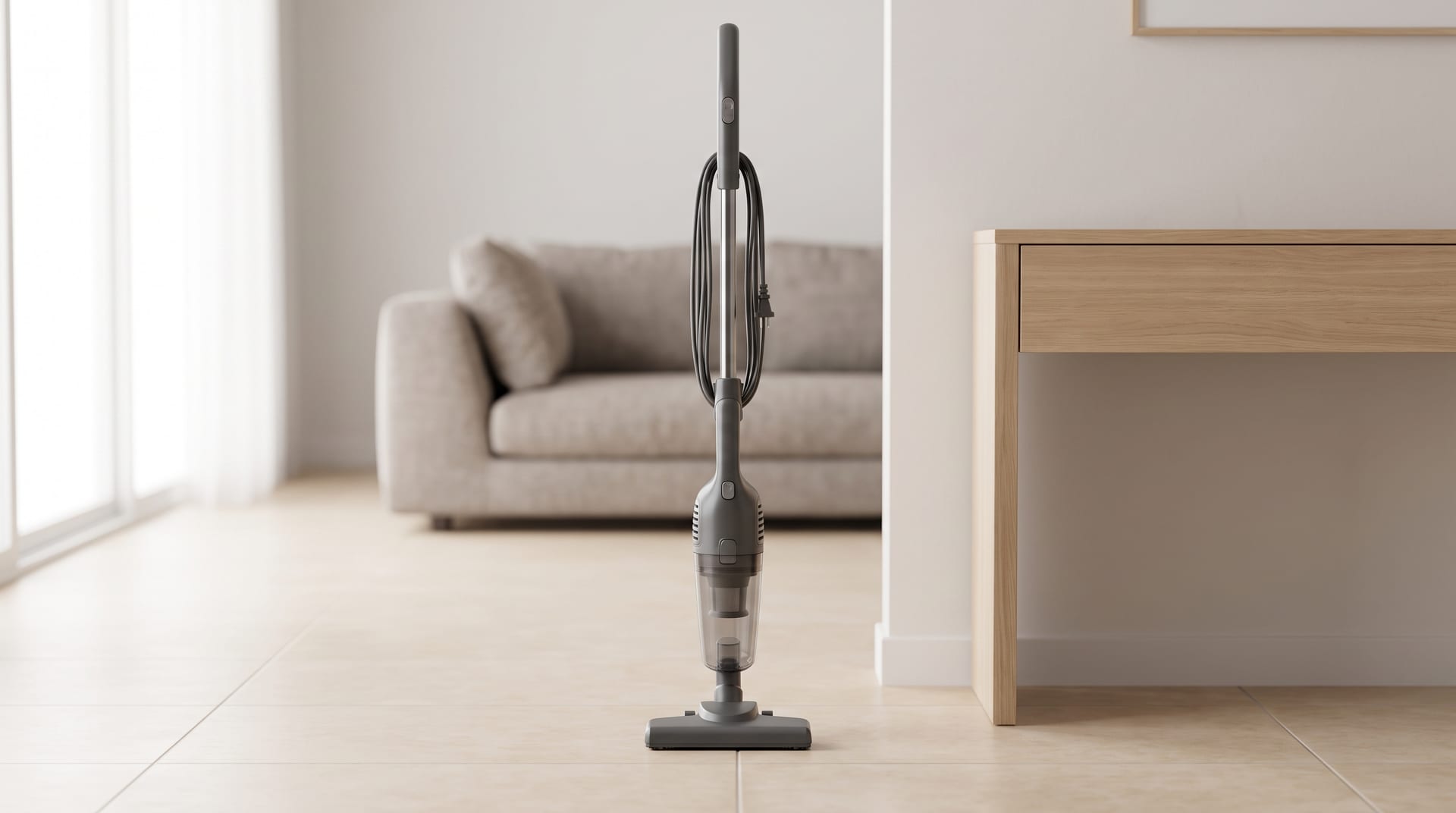 Aspirador vertical cinza ao lado de um móvel de madeira em uma sala clara.