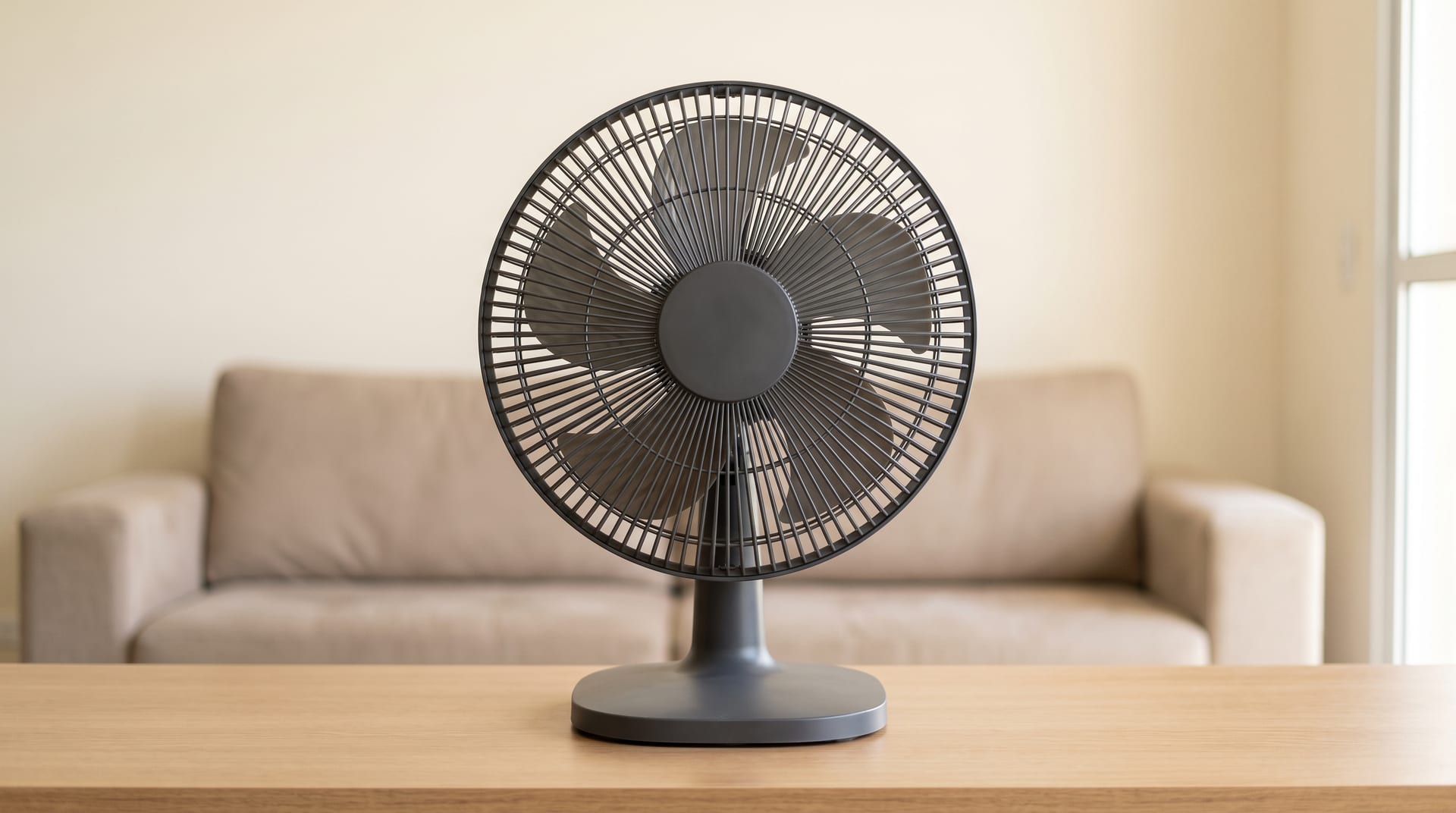Ventilador de mesa cinza apoiado por inteiro sobre um aparador de madeira em uma sala.