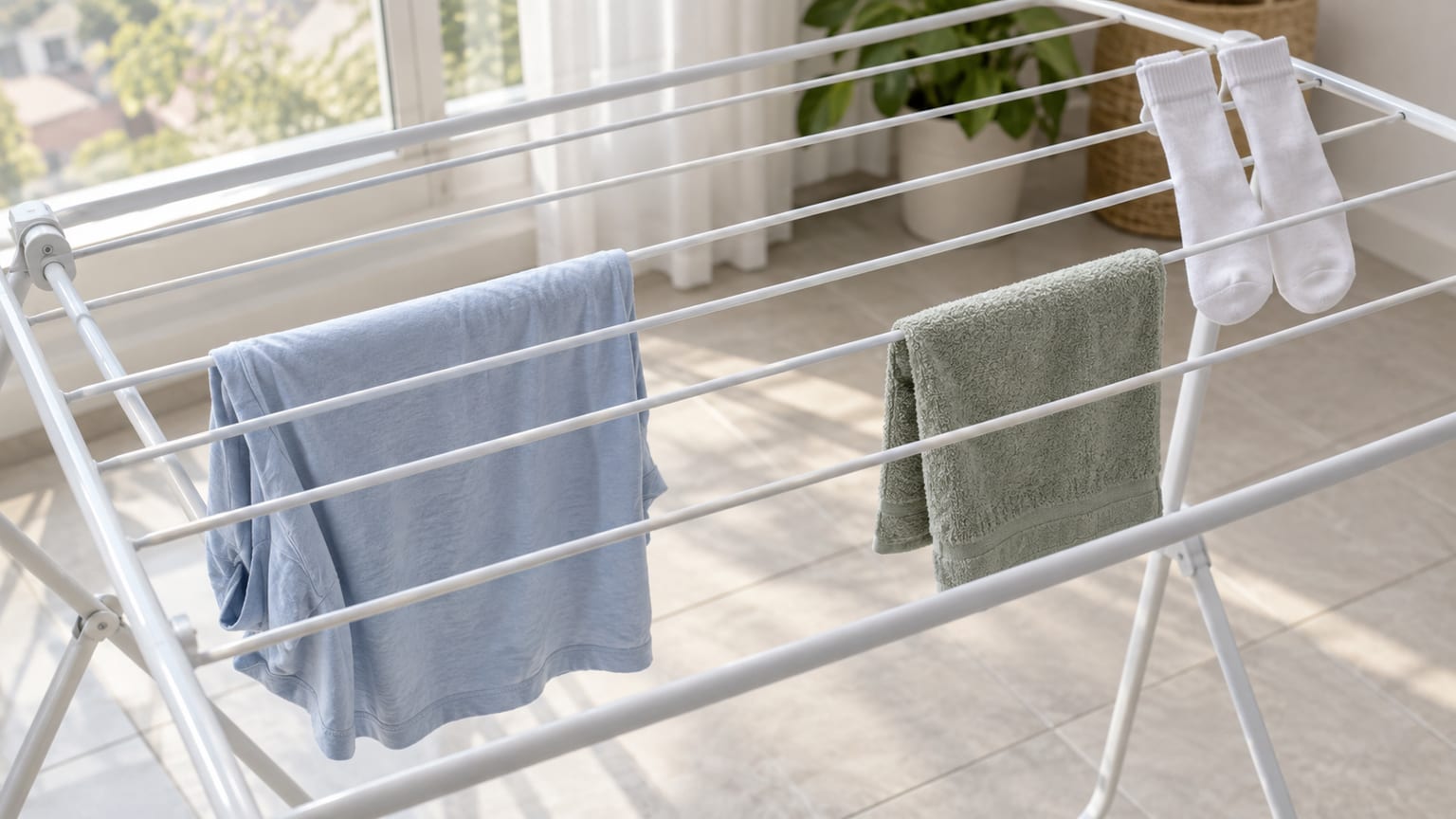 Camiseta azul, toalha verde e meias brancas separadas por varetas livres no varal.