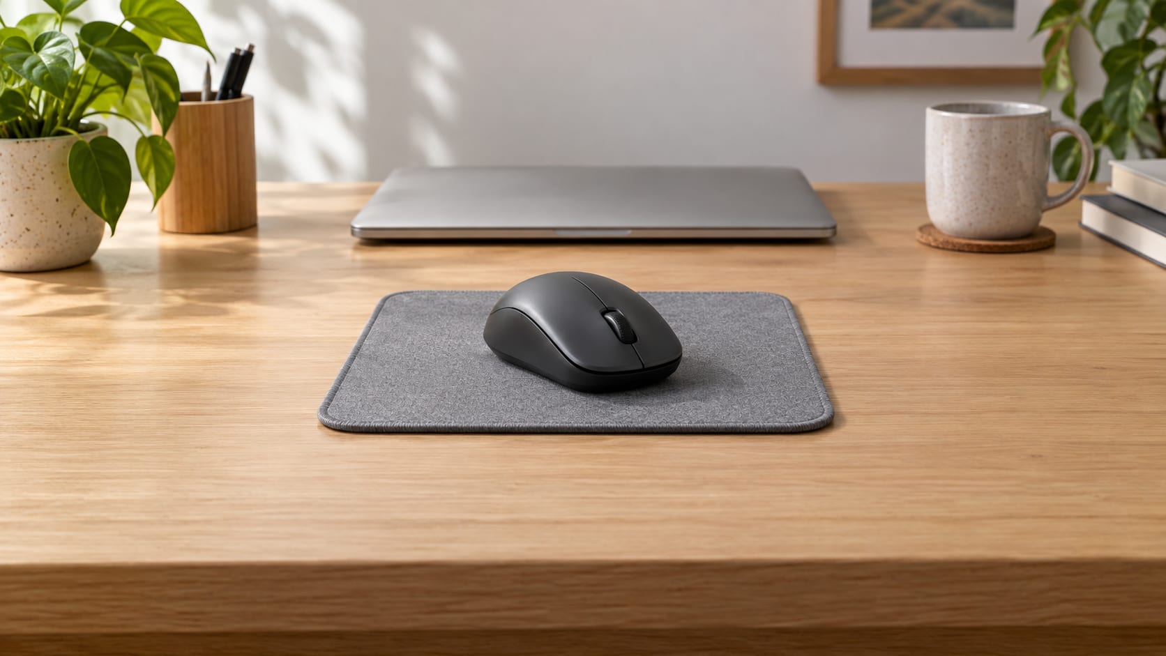 Mouse sem fio cinza sobre um mousepad, com um notebook fechado ao fundo, em uma mesa de madeira.