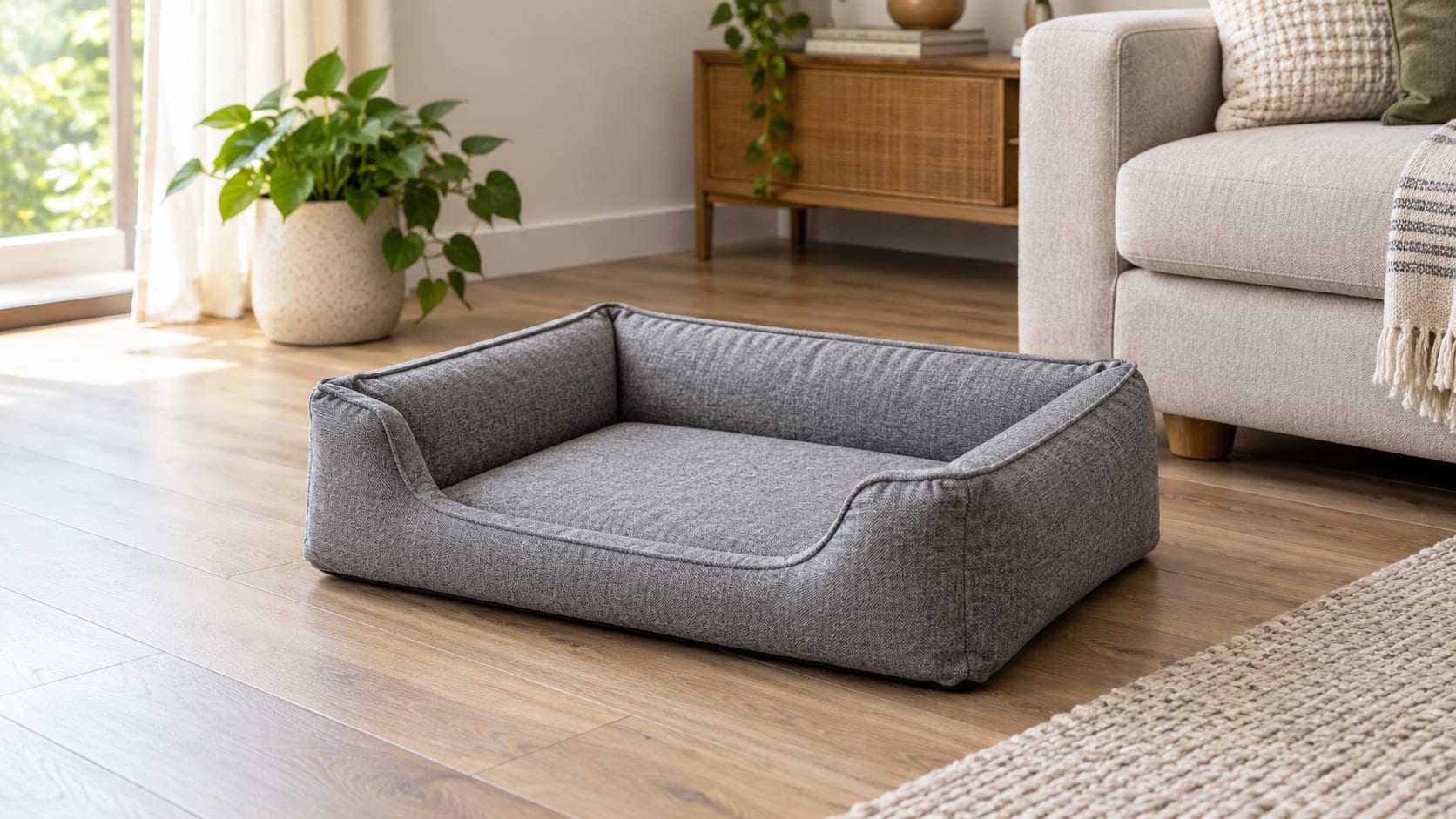 Cama retangular cinza para cachorro, com entrada baixa, sobre o piso de uma sala ao lado de um sofá.