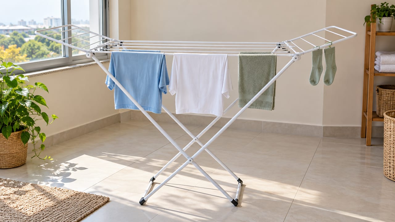 Varal de chão branco com camisetas, toalha e meias separadas, perto de uma janela.